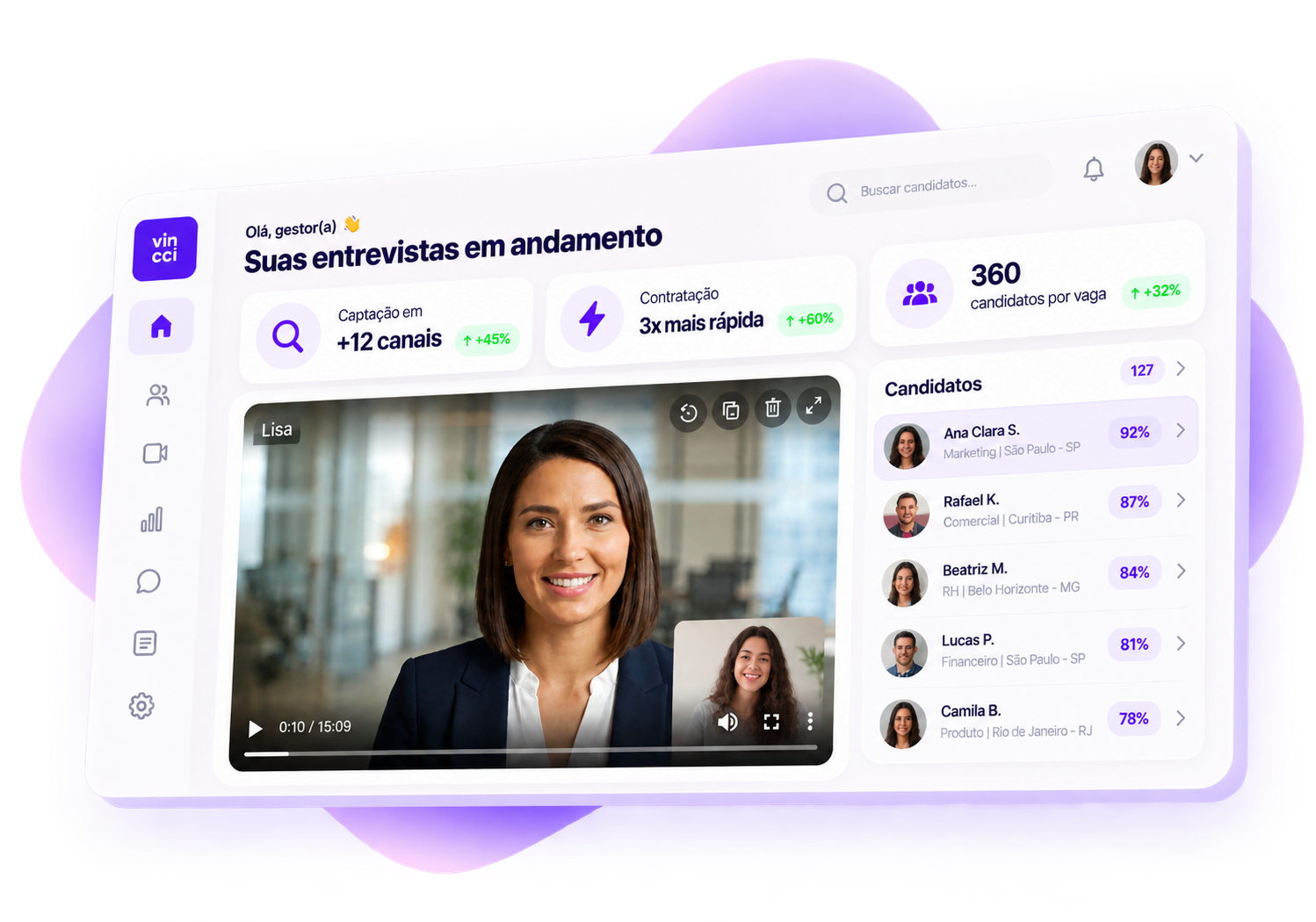 Ilustração conceitual do Vincci App com a Lisa em vídeo entrevista, candidatos priorizados e indicadores de recrutamento