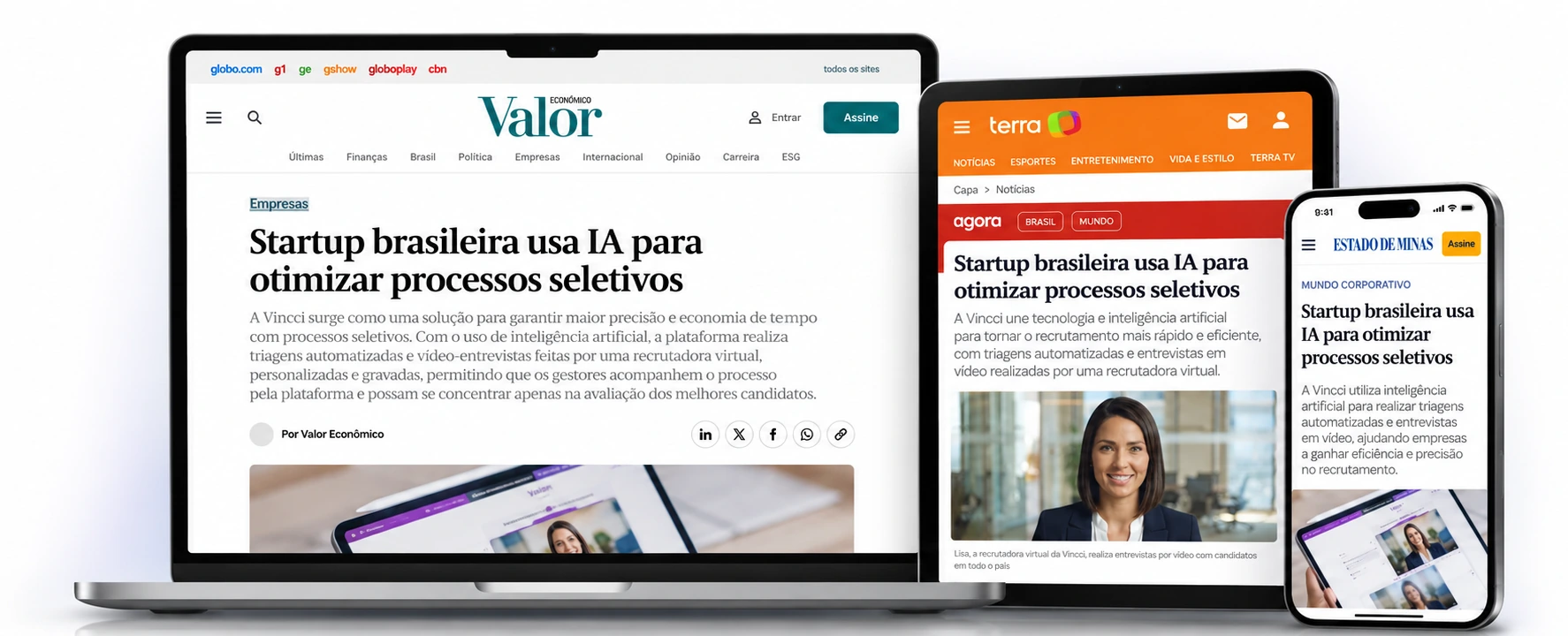Composição ilustrativa de notebook, tablet e celular exibindo publicações sobre a Vincci nos portais Valor Econômico, Terra e Estado de Minas.